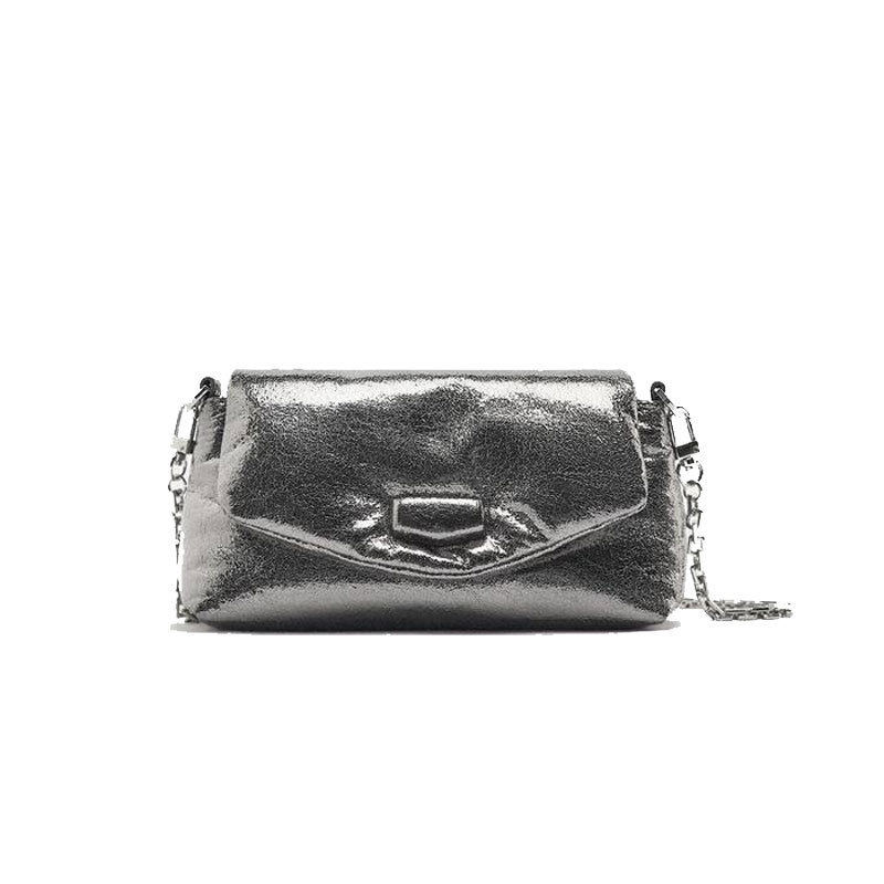 Women's Silver Shiny Leather Shoulder Bag 2024 Summer Women's Bag Lead-Colored Metallic Mini Crossbody Bag Small Square Bag