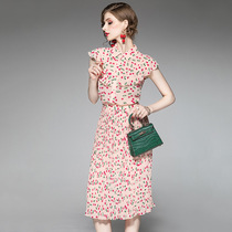 Big flower yuan MAJE KARA dress female 2021 spring new short-sleeved square collar French waist floral skirt