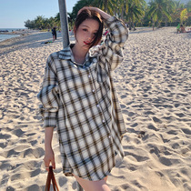 MAJE KARA long-sleeved plaid shirt women 2021 spring new item retro contrast plaid medium-long shirt women