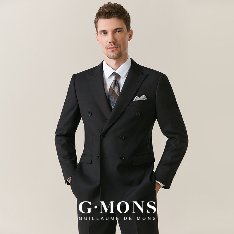 Suit men's suit black double-breasted British style suit men's slim business casual groom wedding dress formal dress