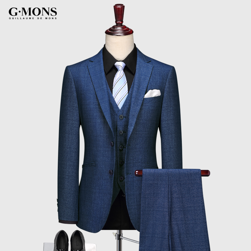 Jiyomeng men's dark check suit suit Business casual groom wedding suit Blue Korean slim four seasons