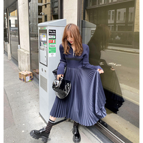 LIN 2021 new small waist tight knit POLO long-sleeved top stitching wrinkled dress female