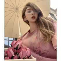 LIN (small elephant park) Heavy work casual printed short sleeve T-shirt 2022 Summer new bronzed and drilled round collar blouse