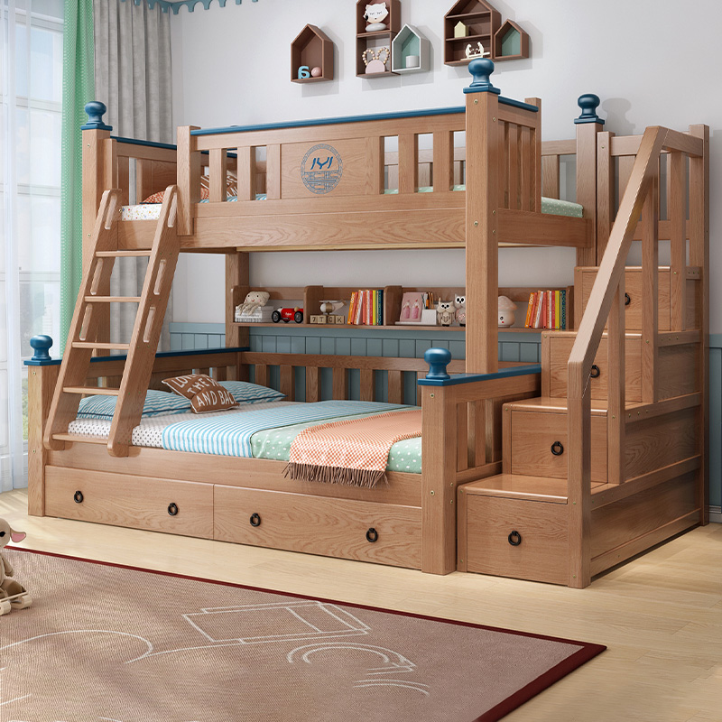 Solid wood upper bunk bed with double bed full solid wood primary and secondary bed Students with high and low bed Double beds Two floors up and down children beds