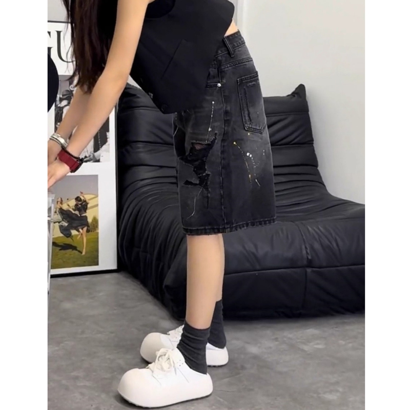 American-Style Loose Wide-Leg Jeans for Women, Summer Tie-Dye Spray-Painted Ripped Five-Point Pants, Slimming Versatile Mid-Length Shorts
