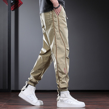 Khaki casual pants for men in summer, thin and cool leggings, youth trend side stripes, contrasting sports pants