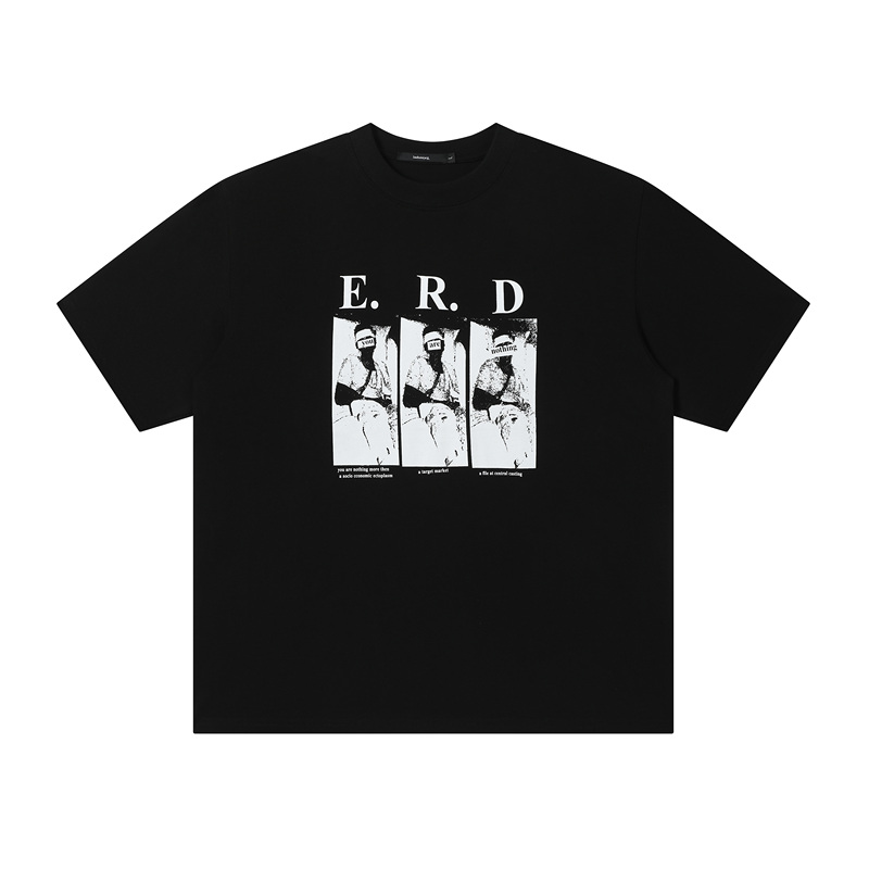 Trendy Brand Erd Character Split Print T-Shirt for Men, American Street Style Loose Short-Sleeve Unique Niche High Street Top