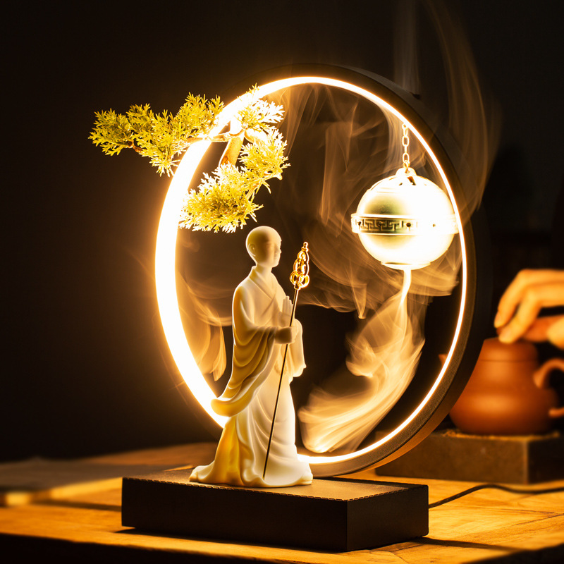 Ksitigarbha Bodhisattva Buddha statue with lamp circle Chinese Zen backflow incense decoration household ceramic sandalwood stove attracting wealth town house