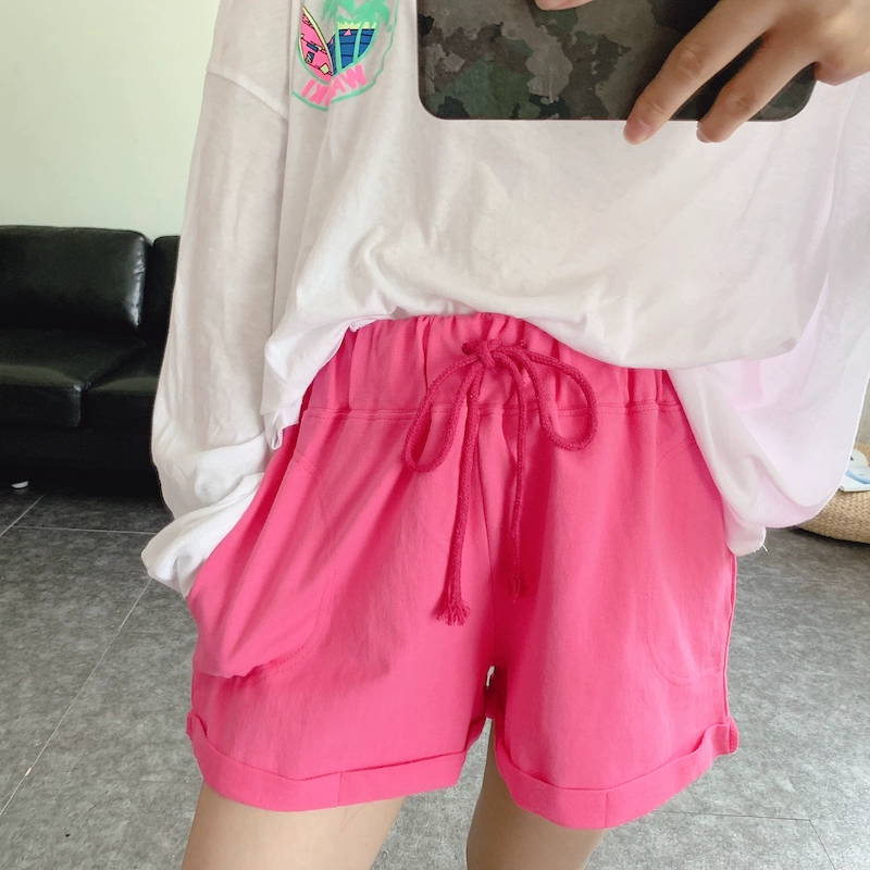 Yangqi hoang dã dây thun eo dây mảnh màu terry cotton mỏng lỏng quần short giản dị quần mùa hè f - Quần short quần short vải nữ hàn quốc