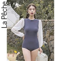 Big fishing simple gray long sleeve swimsuit hollowed out backless strap slimming conjoined hot spring resort swimsuit women