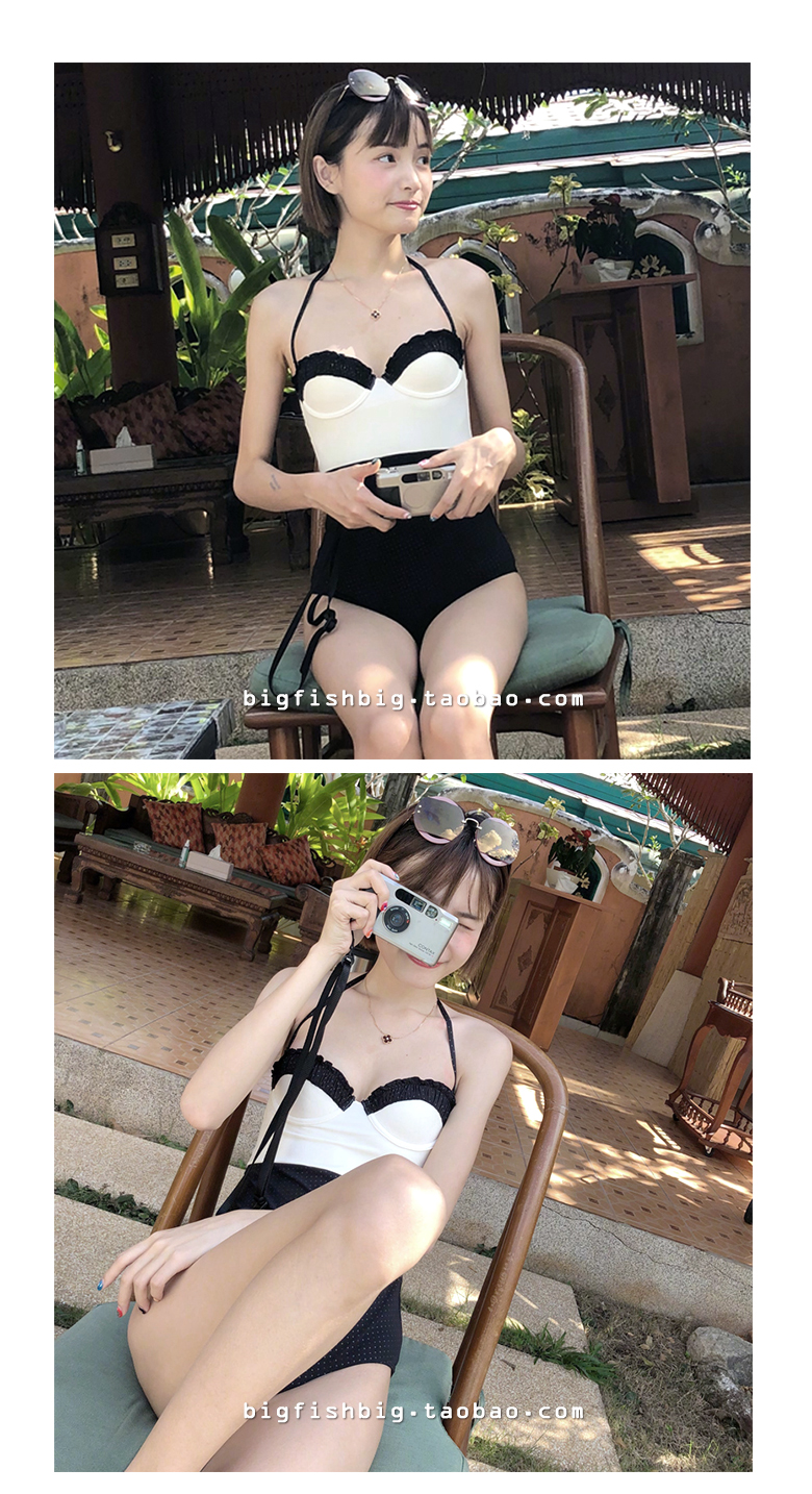 Bộ đồ bơi câu cá lớn Lin Xiaozhai với cùng một đoạn màu đen và trắng phù hợp với điểm sóng tươi mới thép tấm tam giác áo tắm một mảnh nữ đồ bơi liền thân váy