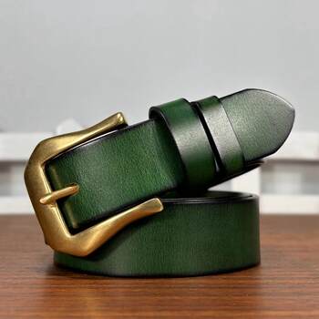 Cowhide men and women's blue green copper buckle belt