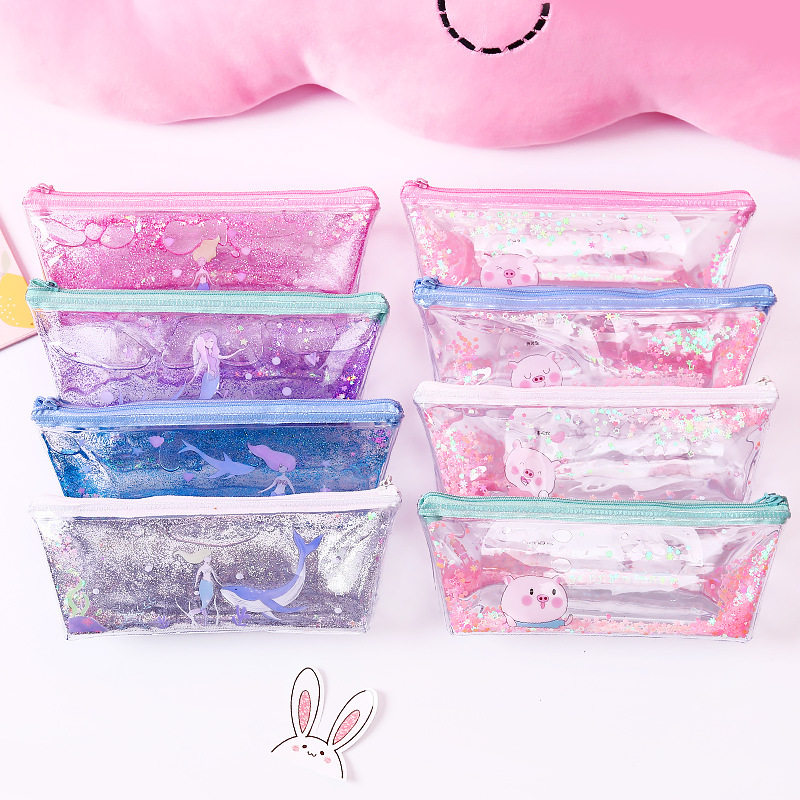 Young girl heart net red box quicksand into oil large capacity pencil bag male and female high school students stationery creative student pencil box