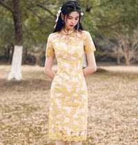 Cheongsam 2021 new summer slim sexy yellow lace retro feminine thin hip small short section
