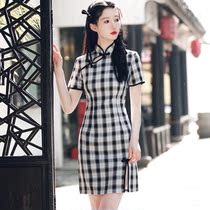 Plaid cheongsam young girl high-end temperament 2021 new female retro daily dress improved version of the short section