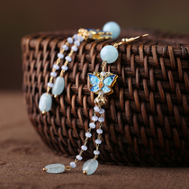 Long tassel pendant earrings female sea blue treasure earless ear clip retro ethnic style earrings face thin earrings Super fairy