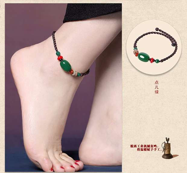 Yan Yu Jiang Nam quốc gió mắt cá chân nữ retro dệt tay Vân Nam trang sức xanh mã não Trung Quốc chuỗi chân gió lắc chân bạc