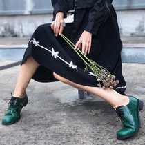 Diablo niche (butterfly green) head shoes new leather thick heel lace-up flat bottom handmade shoes women agate green