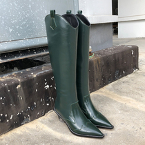 New (dark night green) western boots A W high barrel knight boots crystal heel pointed boots female leather British ins