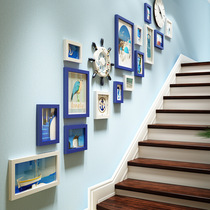 Photo wall Stair wall Creative corridor Blue and white photo frame Hanging wall combination Duplex Mediterranean style Love Sea decoration