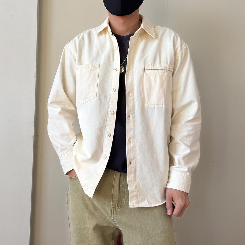 American Retro Beaded Canvas Pure Cotton Work Shirt for Men, New Autumn and Winter Style, Heavy-Duty, Simple, Versatile Casual Shirt
