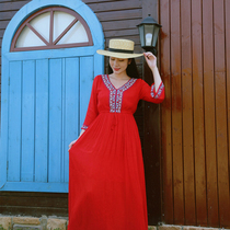 Travel holiday Bohemian ethnic style embroidered red long dress