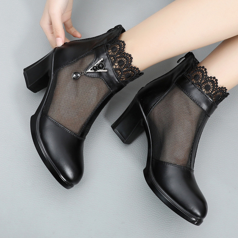 First-Layer Cowhide Spring Pointed-Toe Mesh Boots, Fashionable Hollow Thick-Heeled High-Heeled Shoes, Women's Summer Rhinestone Sandals, Genuine Leather Sandals