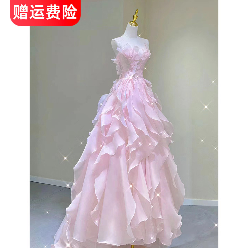 Pink Strapless Evening Dress for Women, High-End, Light Luxury, Niche, Classy Coming-Of-Age Ceremony Princess Dress, Student Graduation High School