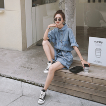 Korean version of ins trendy soft denim workwear one-piece shorts womens summer thin section short-sleeved loose small 2021 new
