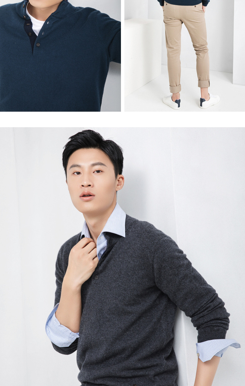 Ordos 18 mùa thu và mùa đông mới màu rắn nửa cổ cao khóa áo len nam cashmere áo gile nam