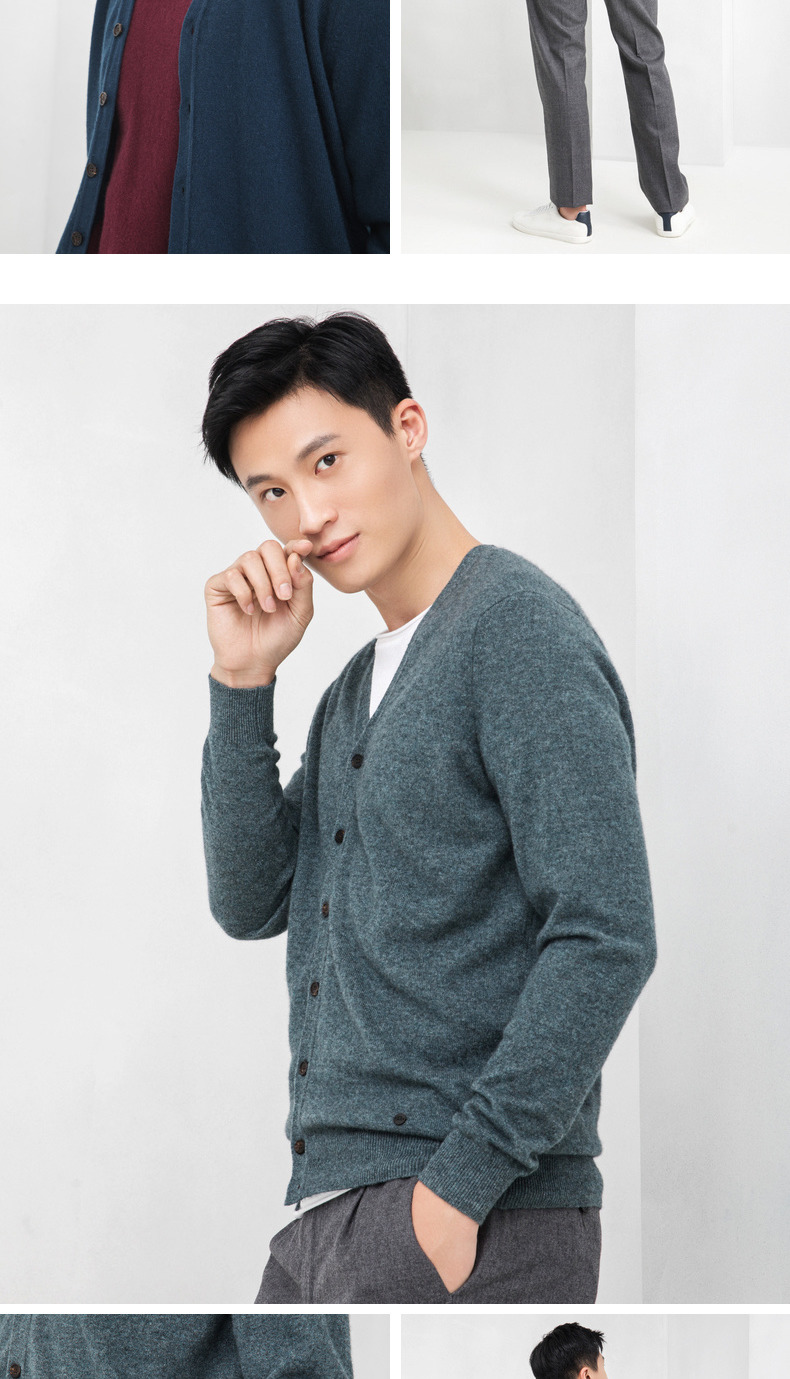 Ordos 18 mùa thu và mùa đông mới màu rắn nền hoang dã V-cổ nam dệt kim cashmere bộ nỉ nam