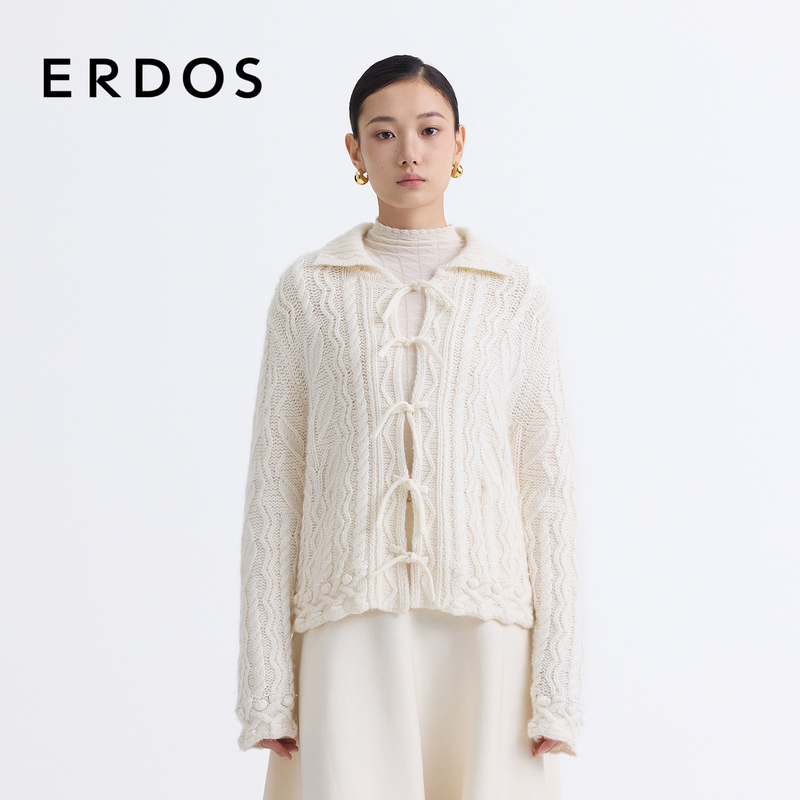 Erdos Lapel Textured Knit Cardigan Wool Cashmere Tie Design Sweater Erdos Lapel Textured Knit Cardigan Wool Cashmere Tie Design Sweater