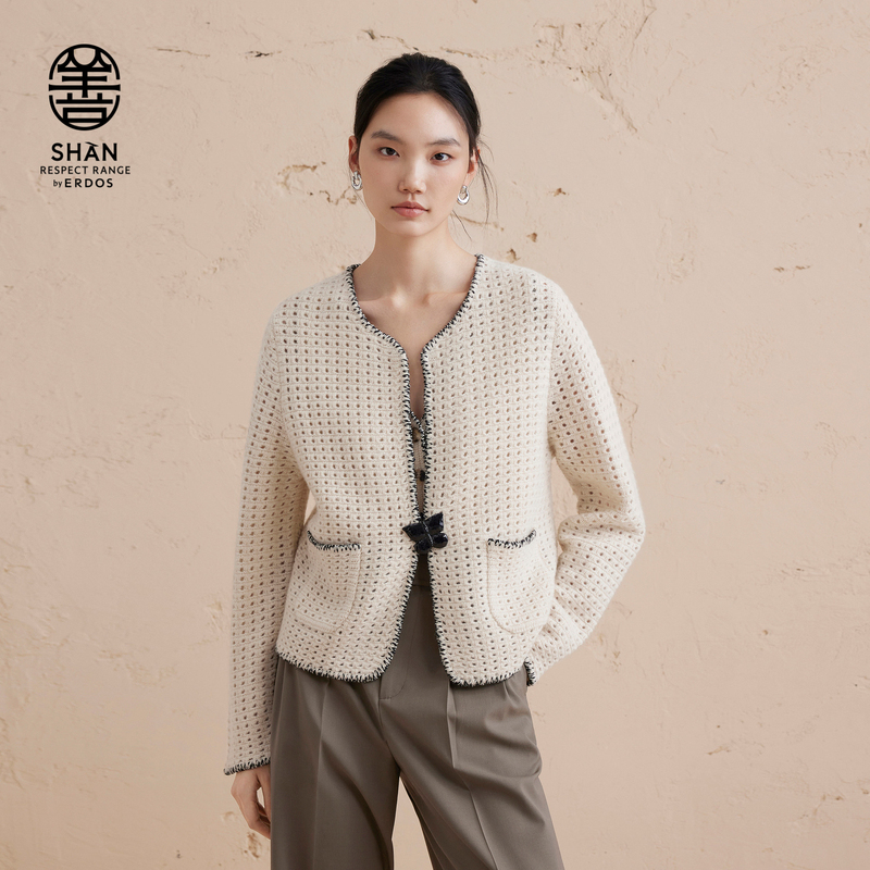 Erdos Good Series Cashmere Yak Wool Hollow Cardigan for Women, Autumn and Winter Handmade Thick Knitted Jacket