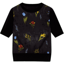 (Silk) ERDOS round neck knitted short-sleeved womens 24th summer new arrival Sangbo satin jacquard loose thin pullover