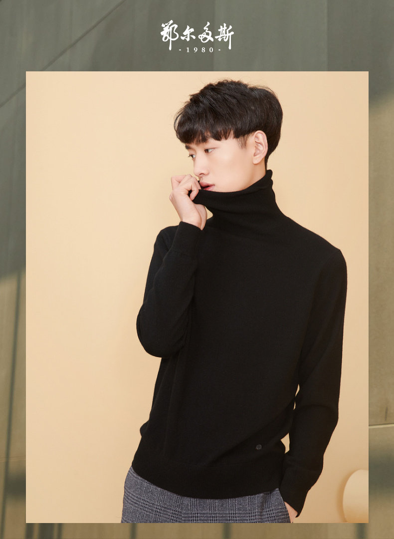 鄂尔多斯 100%山羊绒 男士高领针织衫 图3