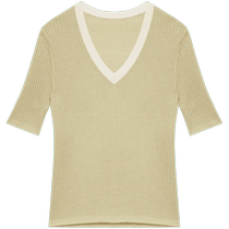 ERDOS worsted temperament V-neck striped short-sleeved womens 24 spring new commuting slim thin knitted T-shirt green