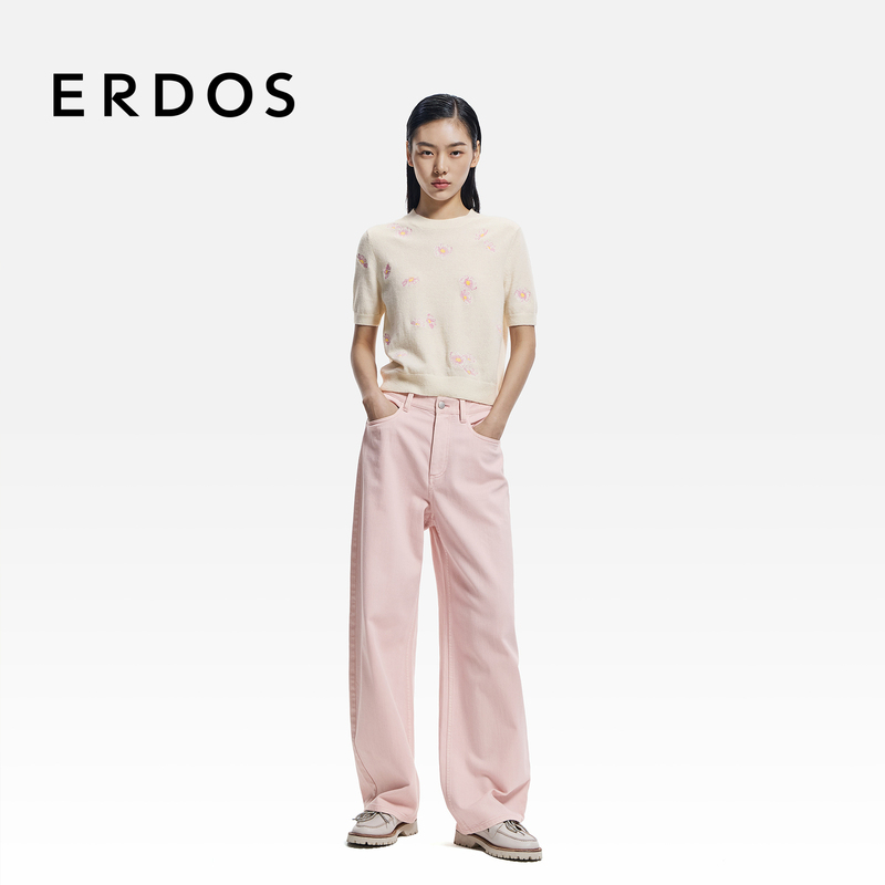 Erdos Wide-Leg Washed Denim Pants 2026 Spring/Summer New Casual Women's Cherry Blossom Pink Banana Pants Erdos Wide-Leg Washed Denim Pants 2026 Spring/Summer New Casual Women's Cherry Blossom Pink Banana Pants