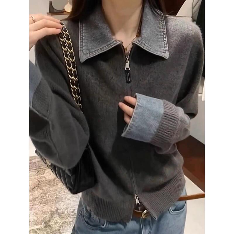 Next Renmei Retro Patchwork Denim Lapel Sweater Cardigan for Women, New Autumn and Winter Style, Lazy Style, Slimming Effect Next Renmei Retro Patchwork Denim Lapel Sweater Cardigan for Women, New Autumn and Winter Style, Lazy Style, Slimming Effect