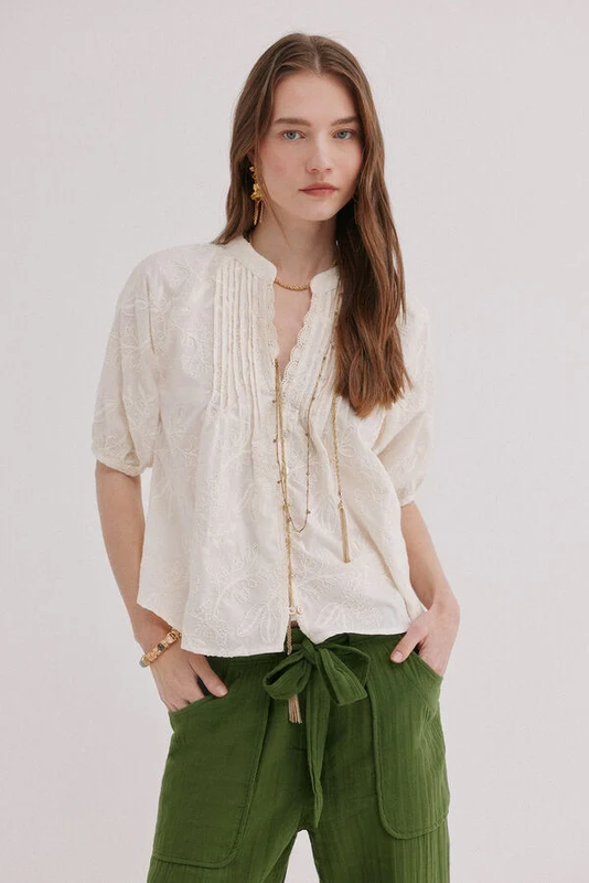 Hoss 5873390 100% Cotton French-Style Soft Floral Embroidered Lace V-Neck Short-Sleeved Shirt in 2 Colors
