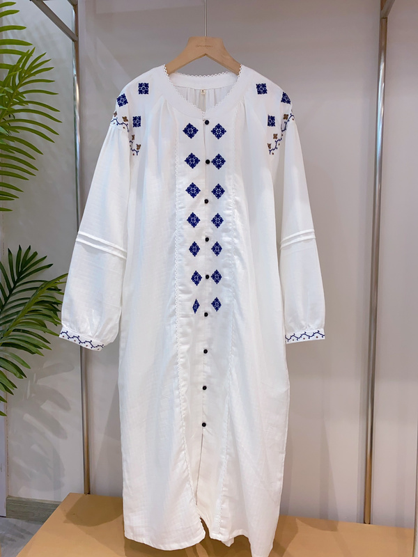 Matsunoya&51253 100% Cotton Double-Layer Gauze Embroidered Ethnic Style Long-Sleeved Nightgown