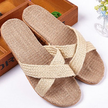 Linen slippers mens home non-slip soft bottom couples home shoes thick soles large size breathable indoor cool summer