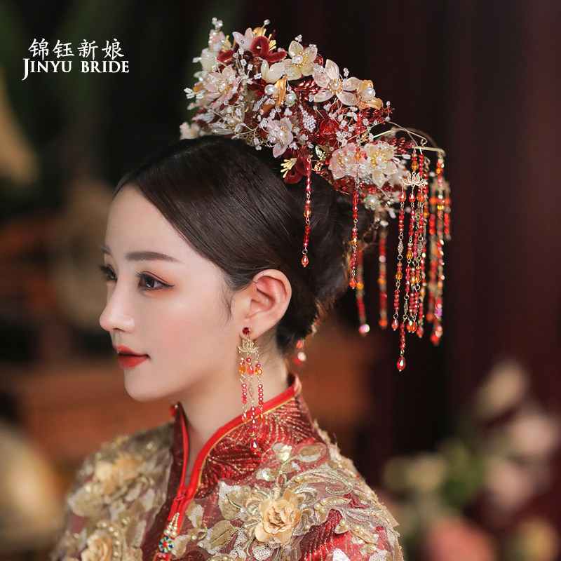 2025新款锦钰新娘中式婚礼琉璃繁花朵秀禾古装凤冠宫廷结婚发饰