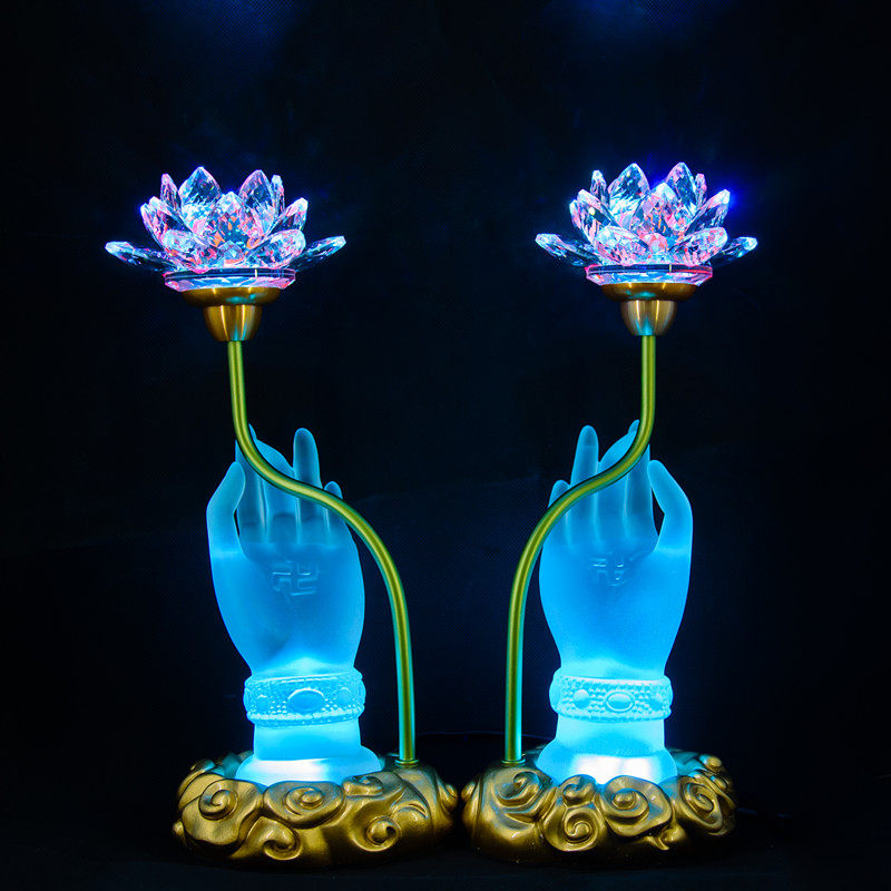 Colorful colored glazed lotus lamp LED bergamot color change crystal lotus lamp Buddha front lamp home Buddha hall Ming Buddha lamp