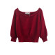 2024 anti-pilling chic burgundy v-neck lantern sleeves white thick short three-quarter sleeve long-sleeved knitted top wool