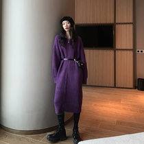 Red Pavilion Knitted Dress Women 2021 autumn and winter New long vintage loose knee zipper wool skirt