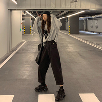 Red Hall high waist casual pants womens solid color wide leg pants student loose straight casual trousers