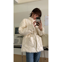 Red mansion White down jacket female 2021 new autumn and winter explosive thin white duck down bright face Korean waist coat