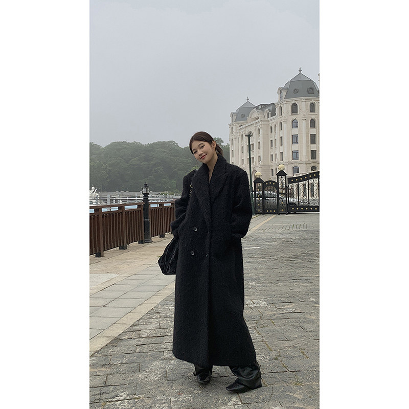 Red People's Pavilion Black Coat Woman Autumn Winter Advanced Sensation 2023 New Hepburn Wind Long Suit Fur Coats-Taobao