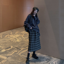 Hairy skirt women 2021 autumn and winter New elastic waist long loose high waist Plaid split A- line dress