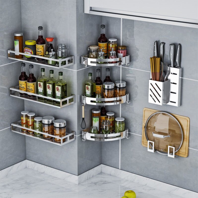 Kitchen rack free punch wall hanging seasoning rack extension powder room bathroom toilet storage corner rack triangle
